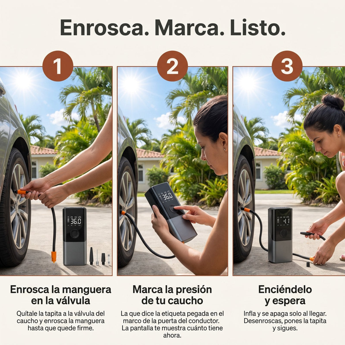 Cómo se usa Air Caucho Go: enrosca, marca, listo