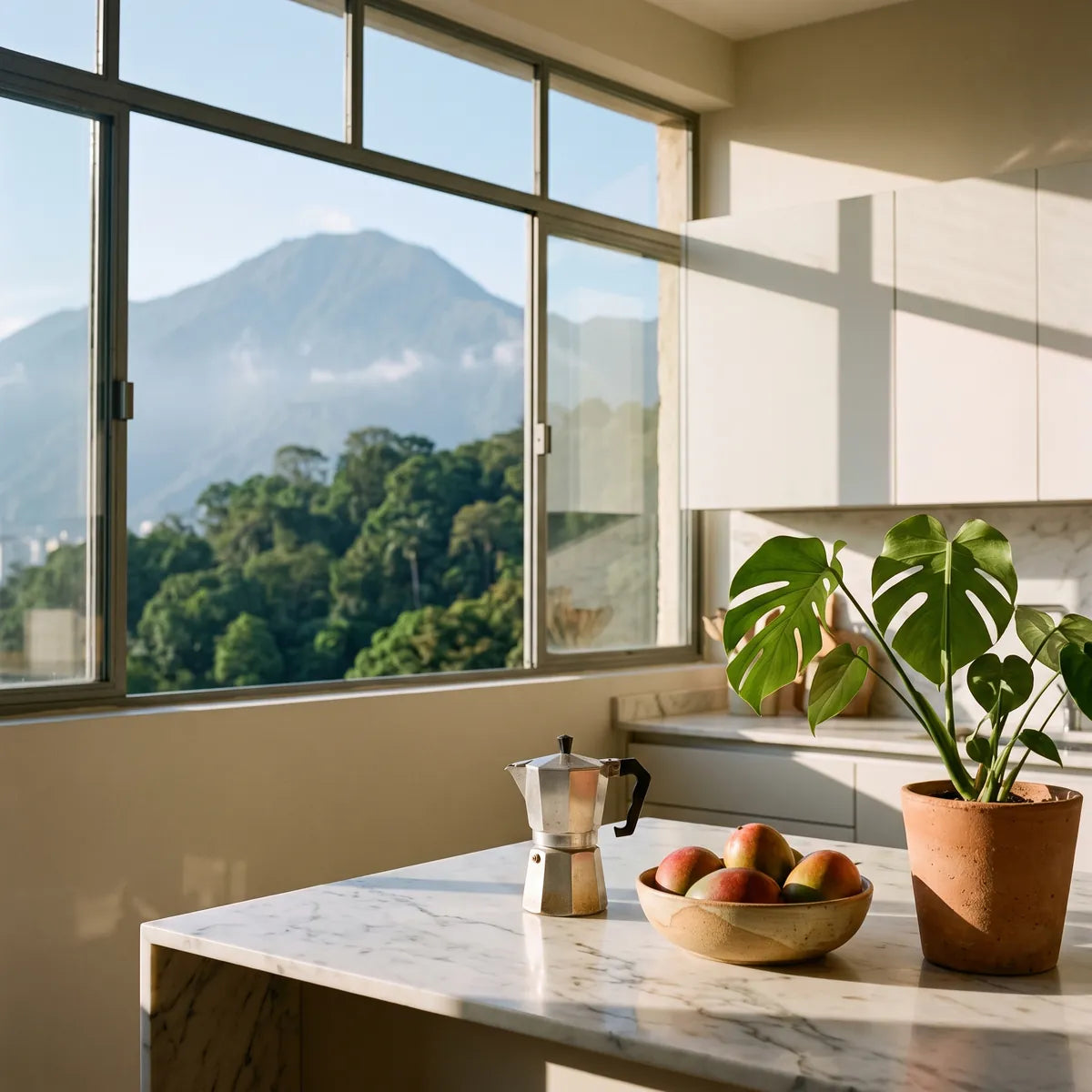 Cocina renovada con mesón de mármol y vista al Ávila